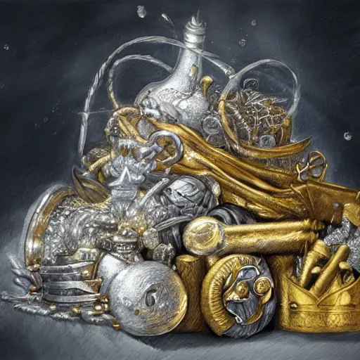 Prompt: a pile of shiny gold and silver treasure, fantasy art, trending on art station, highly detailed, hyper realism, art,