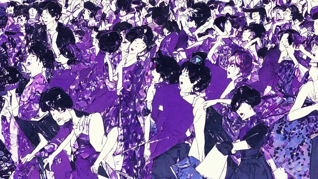 Image similar to detailed illustration of the front row of a concert seen from the front composed of fashionably dressed people dancing, dark blue and intense purple color palette, in the style of kojima ayami, amano yoshitaka