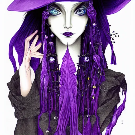 Image similar to a digital copic maker portrait of a beautiful witch with long purple hair, black witch hat, haunting purple irises, detailed features, by balenciaga and issey miyake by ichiro tanida and mitsuo katsui