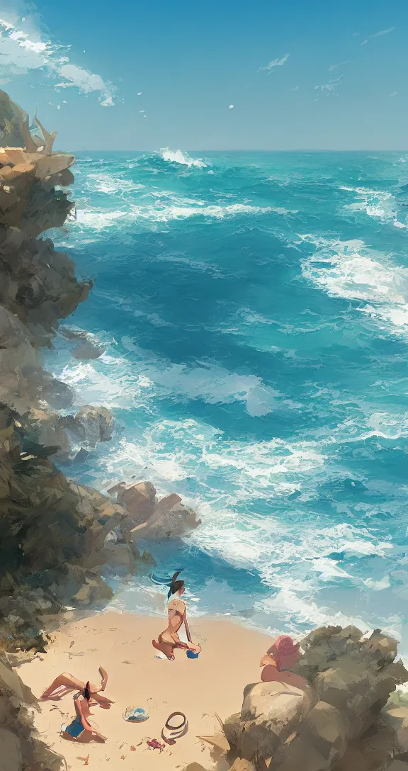 Image similar to Sunbathing at the beach, lots of ocean, very vertical, tropical, bright, simple, by Studio Ghibli and Greg Rutkowski, artstation