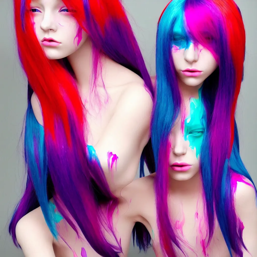 Prompt: homunculus, fashion, beautiful female, gentle serene, special effects, paint splash, colored wigs