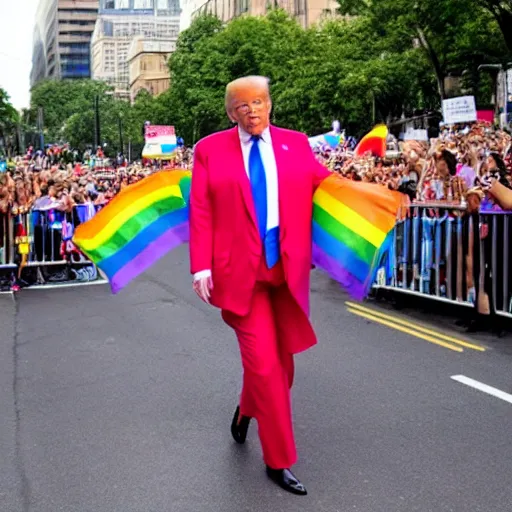 Prompt: donald trump wearing a rainbow suit at a gay pride parade