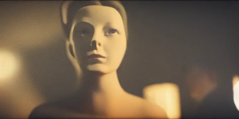 Prompt: photorealistic close up shot Cinematography of a Beautiful woman standing beside a man with a creepy 19th century rabbit doll head inside a mid century modern apartment at night on film at magic hour with the sun shining into a large 60's hotel lobby room filled with volumetric haze by the shining Cinematographer john alcott on a cooke panchro 18mm lens .