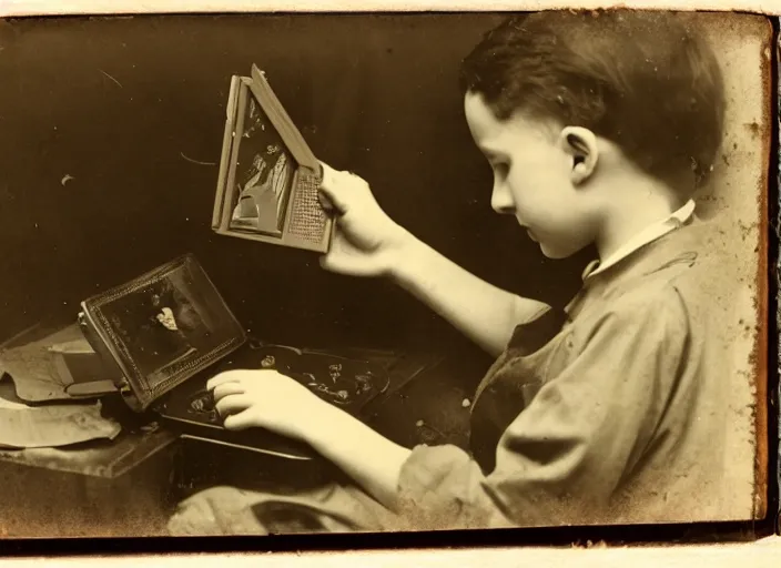 Image similar to a daguerrotype photo of a boy playing videogames, award winning photo