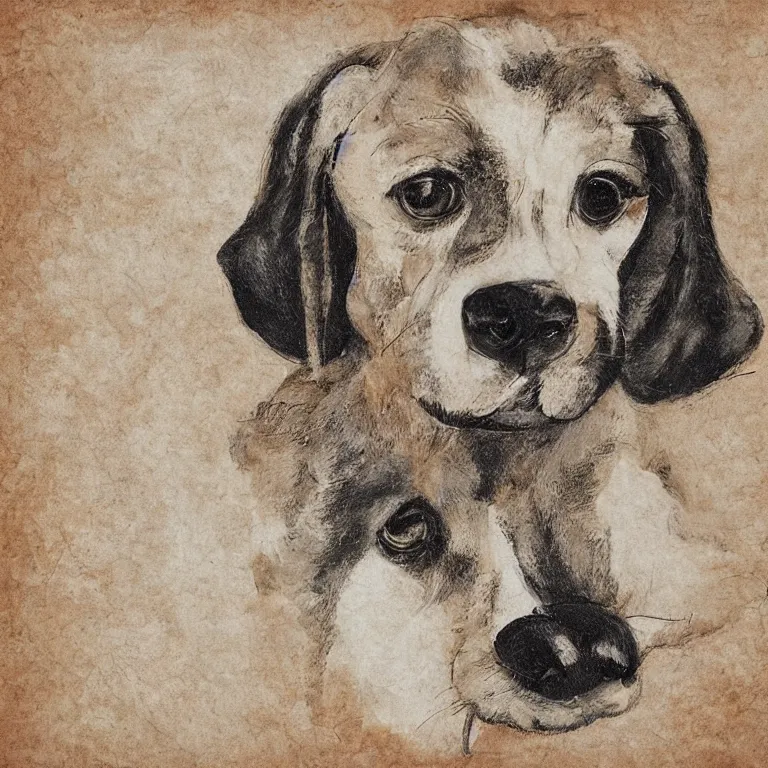 Image similar to a cute retro puppy. alcohol ink on parchment, muted colors, detailed, textured parchment background, 1 9 5 0 s concept art