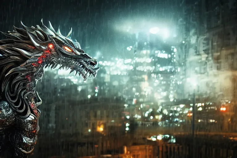 Image similar to cinematic telephoto shot of a silver cybernectic chinese dragon in the rain, midnight city lights, strong bokeh, dramatic lighting, unreal engine, cgsociety, artstation, 4k