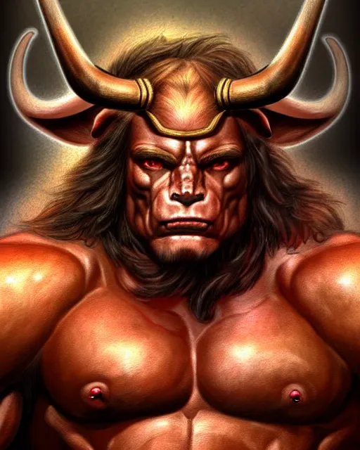 Prompt: minotaur from path of exile, portrait, digital painting, pecs like Schwarzenegger, highly detailed, intricate, trending on artstation, art by John Buscema