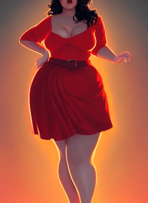 Image similar to full body portrait of teenage veronica lodge, obese, bangs, sultry, realistic, sultry smirk, wavy hair, red skirt, fat, belly, intricate, elegant, glowing lights, highly detailed, digital painting, artstation, concept art, smooth, sharp focus, illustration, art by wlop, mars ravelo and greg rutkowski