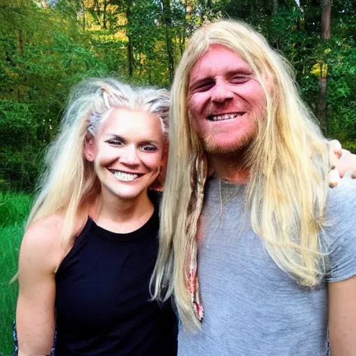 Image similar to photo of hillbilly smiling with long blonde hair near a bonfire