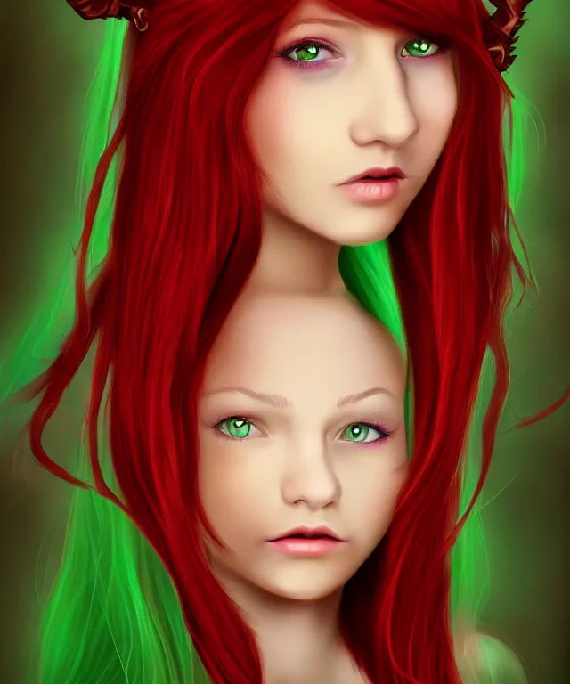 Image similar to Fae teenage girl, portrait, face, long red hair, green highlights, fantasy, intricate