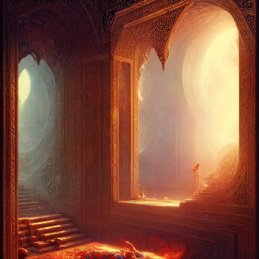 Image similar to magic fluffy Persian carpet & mirror dimension, vertical labyrinth structure, by Greg Rutkowski and Gaston Bussiere, dim lighting, beautiful volumetric-lighting-style atmosphere, surreal atmosphere, intricate, detailed, photorealistic imagery, artstation