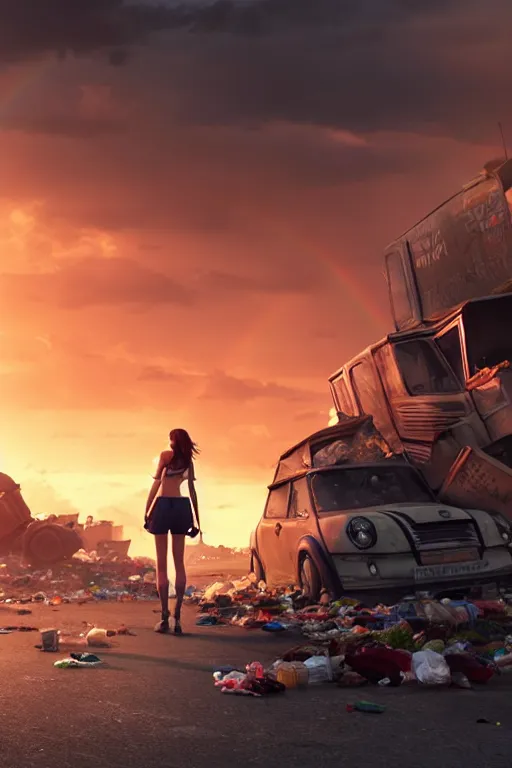 Prompt: wide photo of young woman in mini short with backpack looking at food at garbage dump, destroyed cars, city is pure wasteland, moody sunset background, rays of sunlights, ( ( ( rainbow ) ) ), high details, sharp, photorealism, greg rutkowski, artgerm, unreal engine, highly detailed