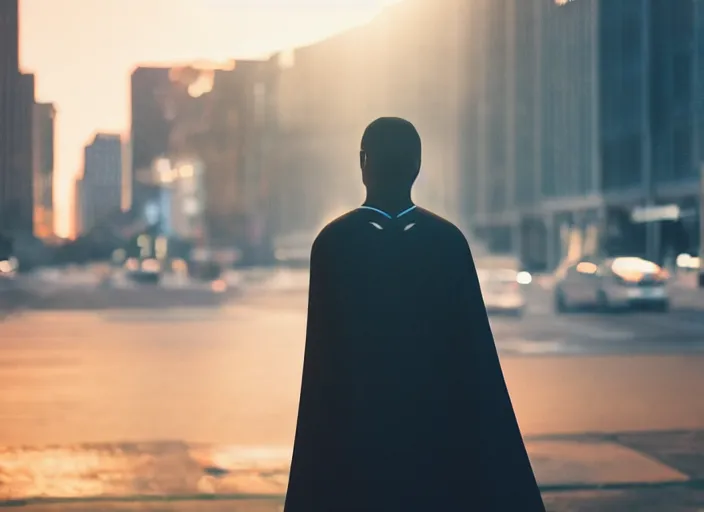Image similar to symmetry!! a 3 5 mm photo from the back of a superhero wearing a cape, splash art, movie still, bokeh, canon 5 0 mm, cinematic lighting, dramatic, film, photography, golden hour, depth of field, award - winning, anamorphic lens flare, 8 k, hyper detailed, 3 5 mm film grain