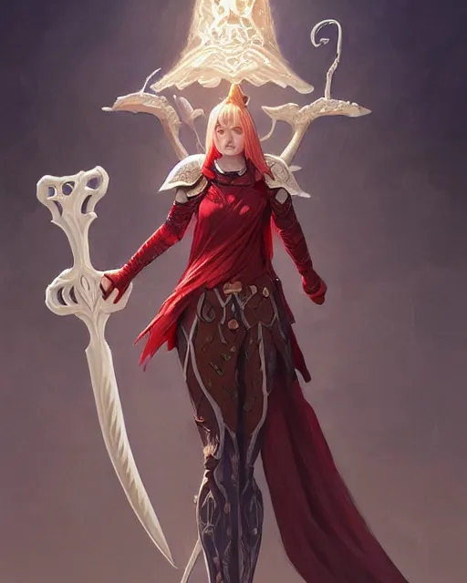 Prompt: mage with with wand casting ultimate attack, ivory carved mantle, red hair straight bangs wearing ivory carved bone armor, bone plants, intricate, elegant, highly detailed, digital painting, full body concept art, smooth, ultra wide angle horizon, illustration, art by artgerm, greg rutkowski, ilya kuvshinov