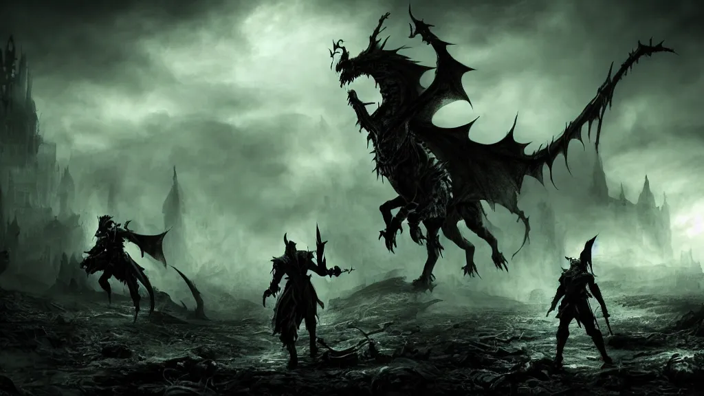 Prompt: Concept art of a dragon slayer, approaching a creepy sentinel horseman wielding a mythical blade in the abandoned ruins, sharp, high detail, contrast between darkness and light, good versus evil, cinematic lighting, vibrant colors, photorealism, terror, hysterical, horrifying, digital art, destruction, the void, ominous, octane render, fear, very detailed, evil, trending on artstation, intricate details, high definition, 16k, Artstation, Dark Souls by WLOP