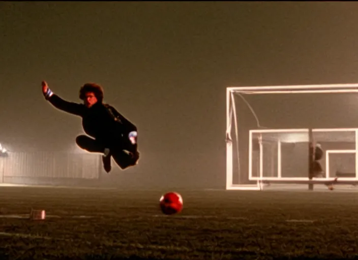 Prompt: a still from the breakfast club ( 1 9 8 5 ) of a man lifelessly floating 1 0 feet above a football oval at night, illuminated by a red light