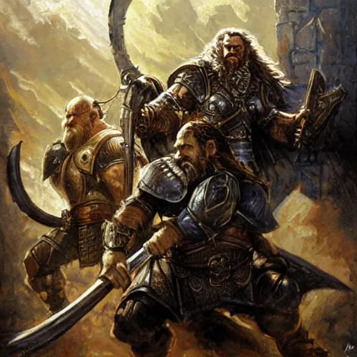 Image similar to Dwarven iron guard fighting a dragon. Thorin. The lord of the rings. Epic painting by james gurney.