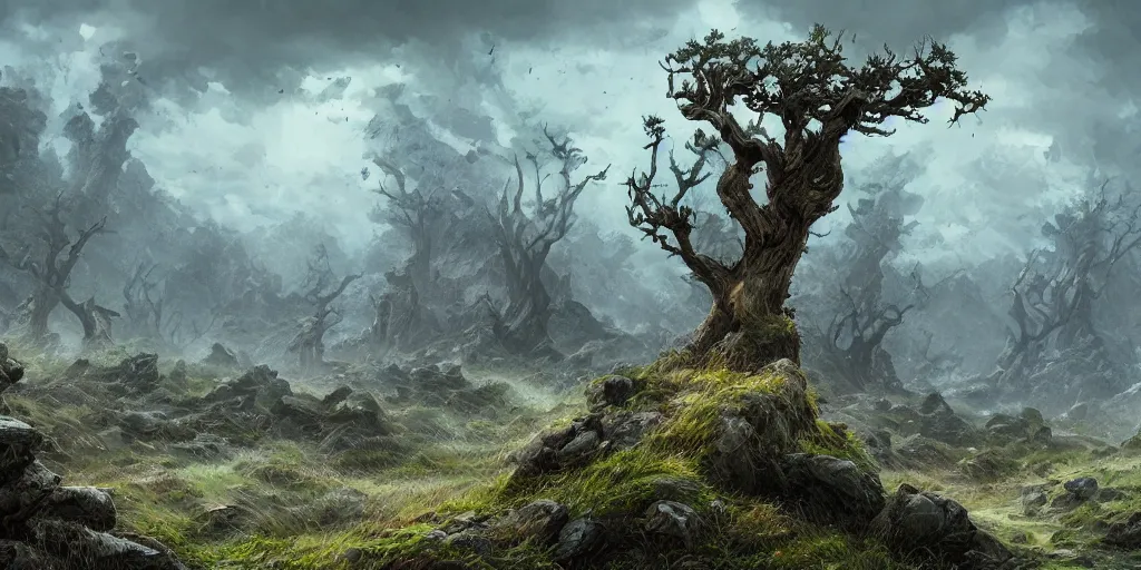 Image similar to rocky landscape of leaned keeled over toppled windswept windswept windswept trees, no visible soil, high quality fantasy art, 4k