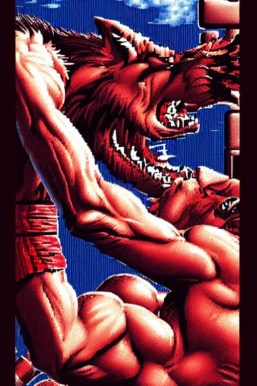 Image similar to extreme long shot. 8 bit nes graphics. antropomorphic muscular masculine wolf. kickboxer fighter, in shorts. wolf head. fine details, very sharp, art from nes game cartridge, 8 0's, vhs artefacts, vaporwave style, marc simonetti and hermann nitsch.