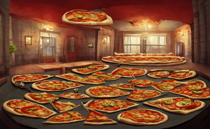 Prompt: a room made of pizza. called the pizza room amazing detailed artwork, trending on artstation