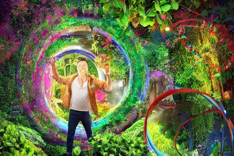 Image similar to guy standing in spinning portal where he can see himself in the future, trippy, weird, colorful, artstation, realistic, climbing plants