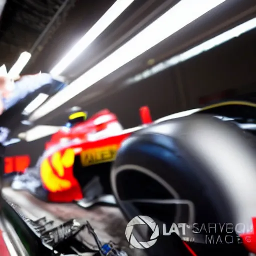 Image similar to close up of max verstappen in the mercedes f 1 factory, dramatic shot, great photography, ambient light, l