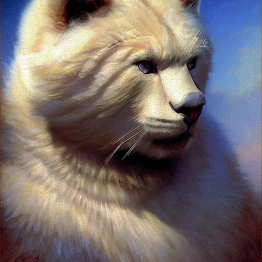 Prompt: a portrait of a manly bear white cat feline, blue eyes, star trek the next generation. highly detailed painting by gaston bussiere, craig mullins, j. c. leyendecker, furry