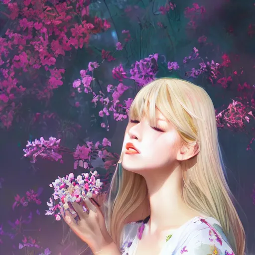 Prompt: blonde haired woman wearing white dress surrounded by flowers of many colors, sunlight beams, drawn by WLOP, trending on artstation, ultra detailed, 8K,