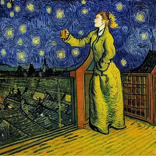 Prompt: a romantic girl on the roof of the house in rotterdam looks at the stars, in the windows yellow light, painting by wang gogh