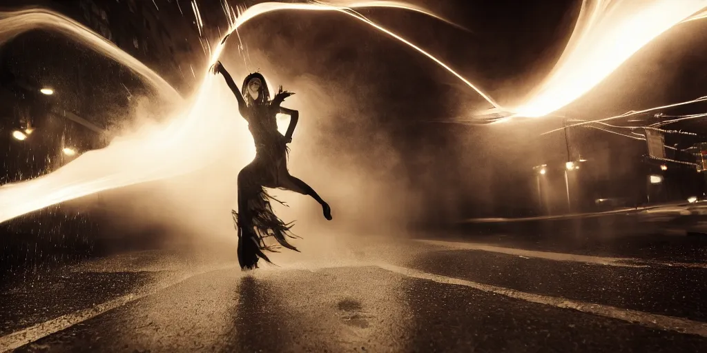 Image similar to slow motion with trail effect of futuristic break dancer wearing floating long dress and emitting fire, long exposure shot , at night in the middle of a rainy street, paddle of water, steam, fog, water splashes, rim lights, glossy reflections, water droplets on lens, octane render, dark and dramatic, explosion in the background, detailed and soft, fisheye