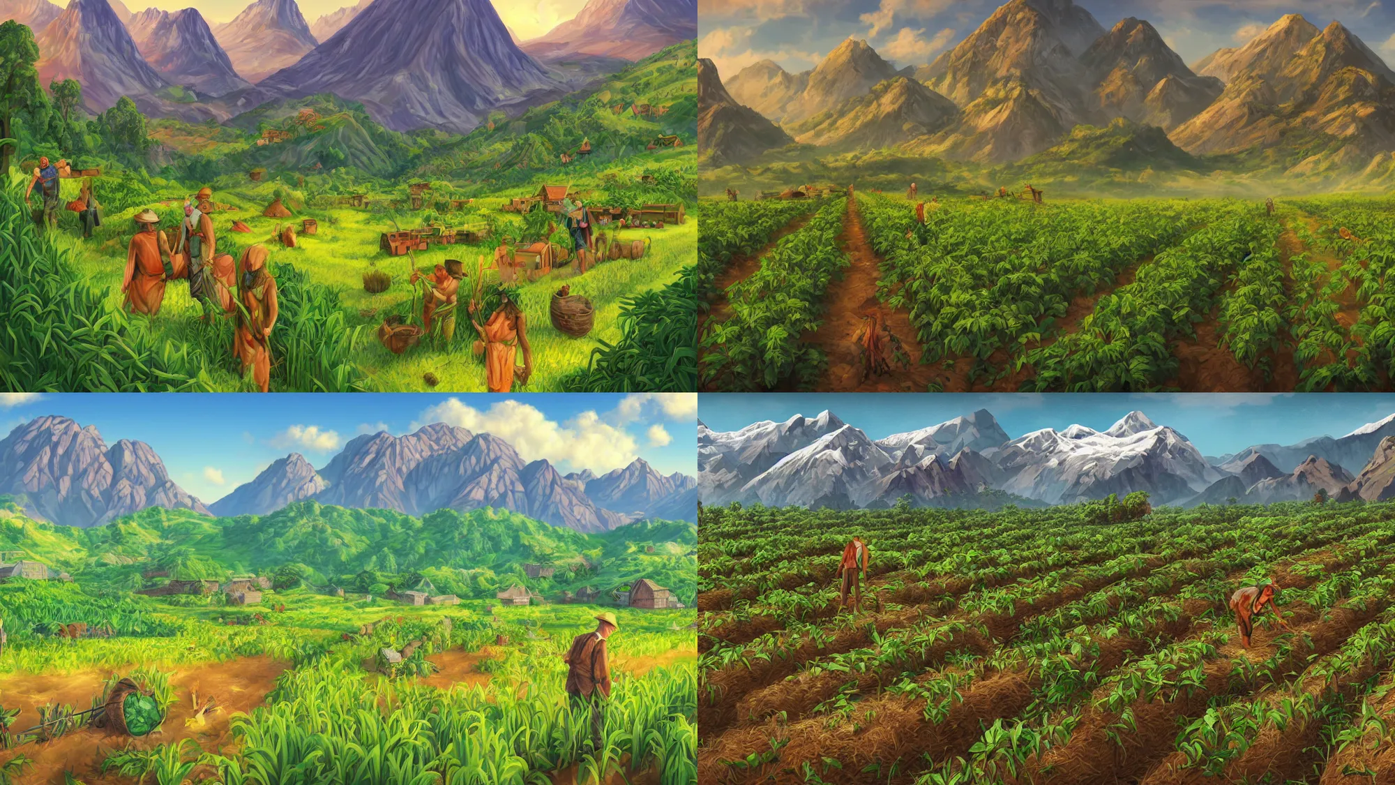 Prompt: rows of lush crops, miscular farmer, mountains in the background, detailed digital 2d fantasy art