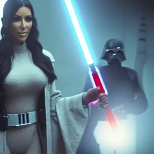 Prompt: kim kardashian holding a lightsaber in star wars episode 3, 8k resolution, full HD, cinematic lighting, award winning, anatomically correct