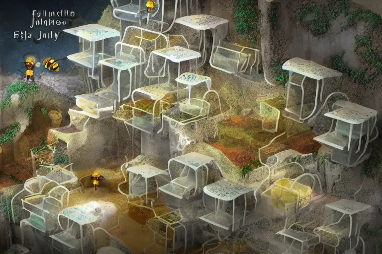 Prompt: favela simple jellyfish bunker honeybee hive, mission arts environment, industrial factory, soothing, award winning art, epic dreamlike fantasy landscape, ultra realistic,