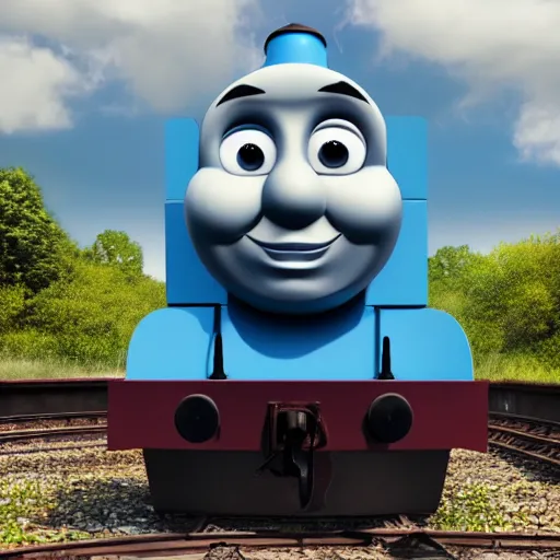 Image similar to the most smug, insane, evil, satanic looking Thomas the tank, ultra realistic 4k rendered in redshift