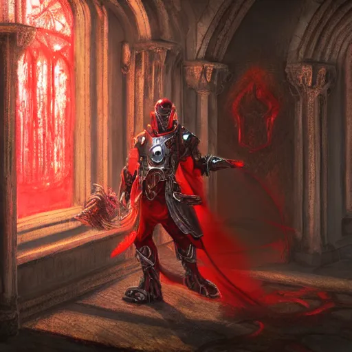 Prompt: blood knight, red, glowing halo, fantasy art, located in a castle, morning sunlight through the window, decorated, high quality, highly detailed, 4 k