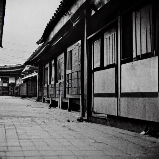 Image similar to 1950s Korean thriller film noir, a view of Shin Sang-ok in the middle of an empty scene, 35mm film, Cooke Varotal 20-100 T3.1