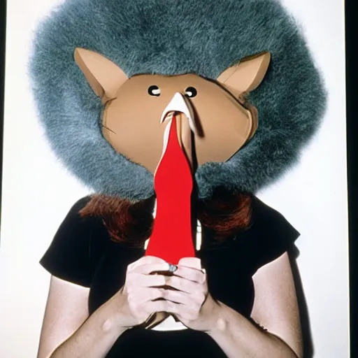 Image similar to 1972 woman on tv show with a long prosthetic snout nose, big nostrils, wearing overalls in the city 1972 color archival footage color film 16mm Fellini Almodovar John Waters Russ Meyer with hand puppet