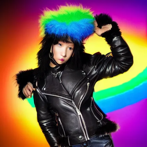 Image similar to wide angle full body, jacket wearing fluffy cute rainbow kitten wearing a black leather motorcycle jacket, concept art