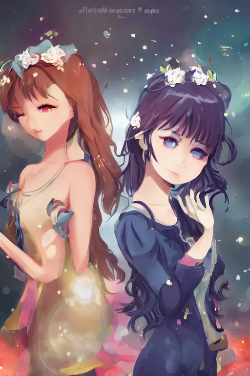 Prompt: two beautiful idols standing face to face, trending artstation, pixiv, detailed anime art