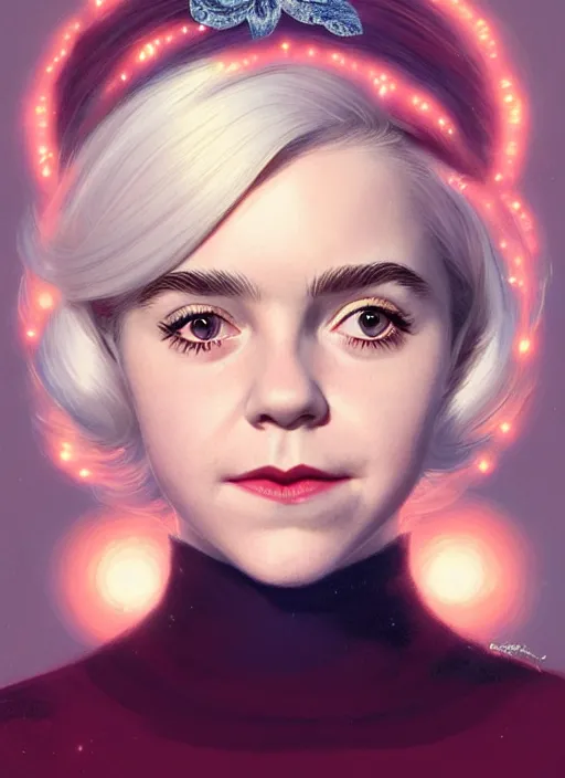 Image similar to portrait of kiernan shipka as sabrina spellman, white hair, 6 0 s hairstyle, hairband, intricate, elegant, glowing lights, highly detailed, digital painting, artstation, concept art, smooth, sharp focus, illustration, art by wlop, mars ravelo and greg rutkowski