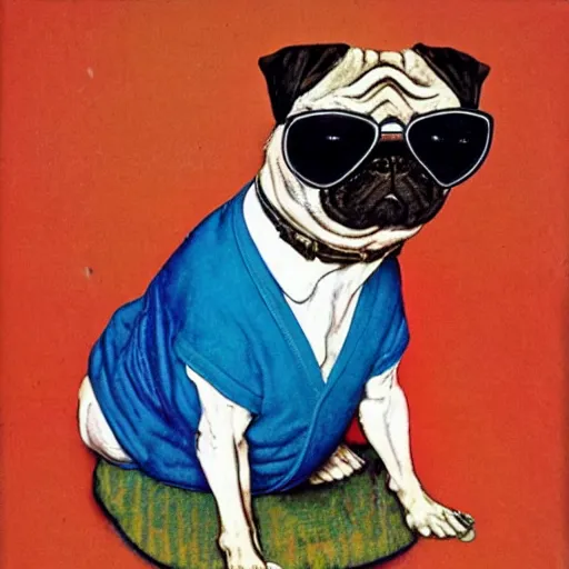 Prompt: a norman rockwell painting of a old - fashioned - humanoid - pug wearing brightly colored cheap sunglasses and 3 - piece suit