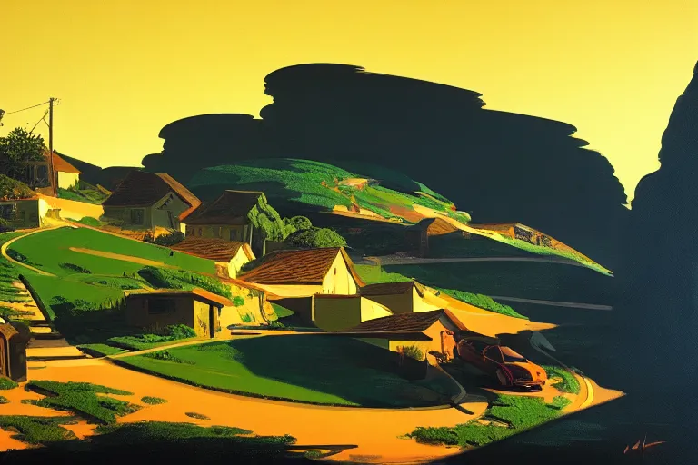 Image similar to a small village on top of a hill near the sea, painted by Syd Mead, Low key lighting, ultra detailed, 8k