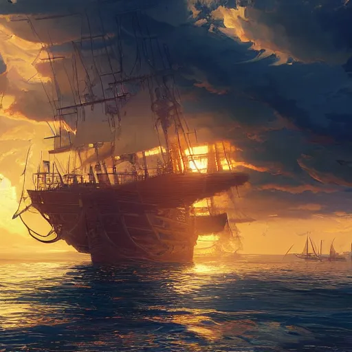 Prompt: two large pirates ship floating on top of a body of water at sunset, fighting each other, pirates flag , cgsociety, fantasy art, 2d game art, concept art , ambient occlusion, bokeh, behance hd , concept art by Jesper Ejsing, by RHADS, Makoto Shinkai Cyril Rolando