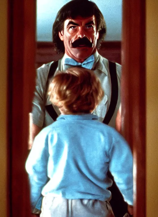 Prompt: film still of tom selleck as johnny in the shining, 4 k