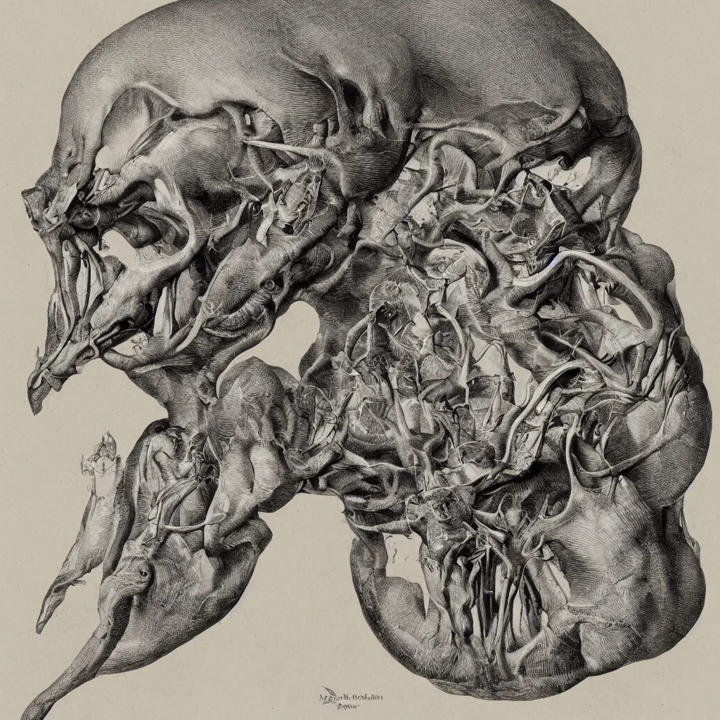 Image similar to anatomical engraving of an unknown specie, anatomical study of animal hybrids from another universe