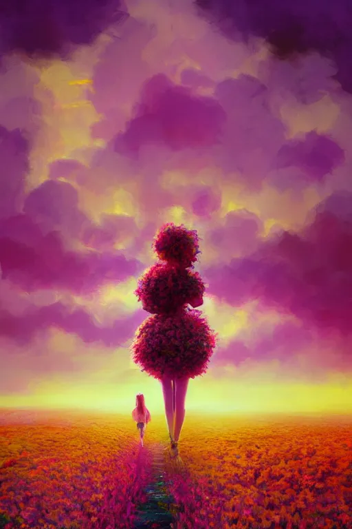 Image similar to giant flower head, girl walking in a flower field, surreal photography, sunrise, dramatic light, impressionist painting, colorful clouds, digital painting, artstation, simon stalenhag