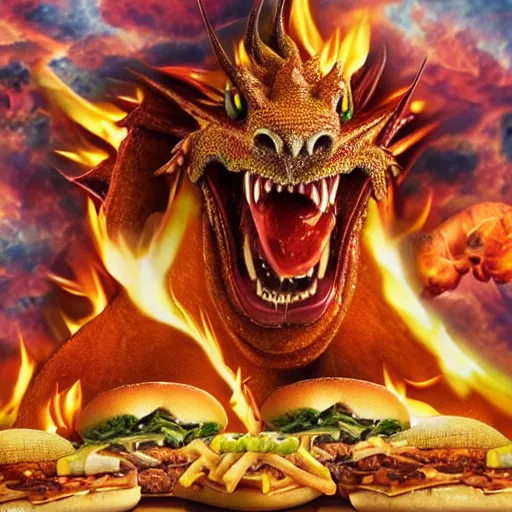 Image similar to dragon blowing fire from mouth surrounded by cheeseburgers, highly detailed, movie still