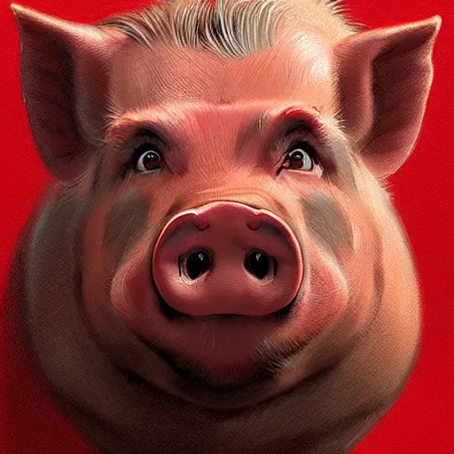 Image similar to portrait of a half man half pig with red shirt ,digital art,photorealistoc,art by greg rutkowski,hyperdetailed,western comic style,comic,comic style,sharp lineart,professional lighting,deviantart,artstation,trevor henderson,rossdtaws,cinematic,dramatic