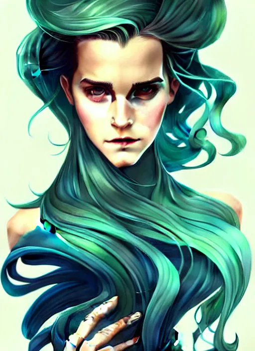 Image similar to style artgerm, joshua middleton, emma watson with green dress, very long blue hair, swirling, symmetrical face, symmetrical eyes, steampunk western gunslinger, cinematic lighting