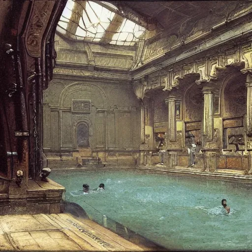 Prompt: painting of a scifi ancient civilzation victorian swimming pool, hr giger andreas achenbach